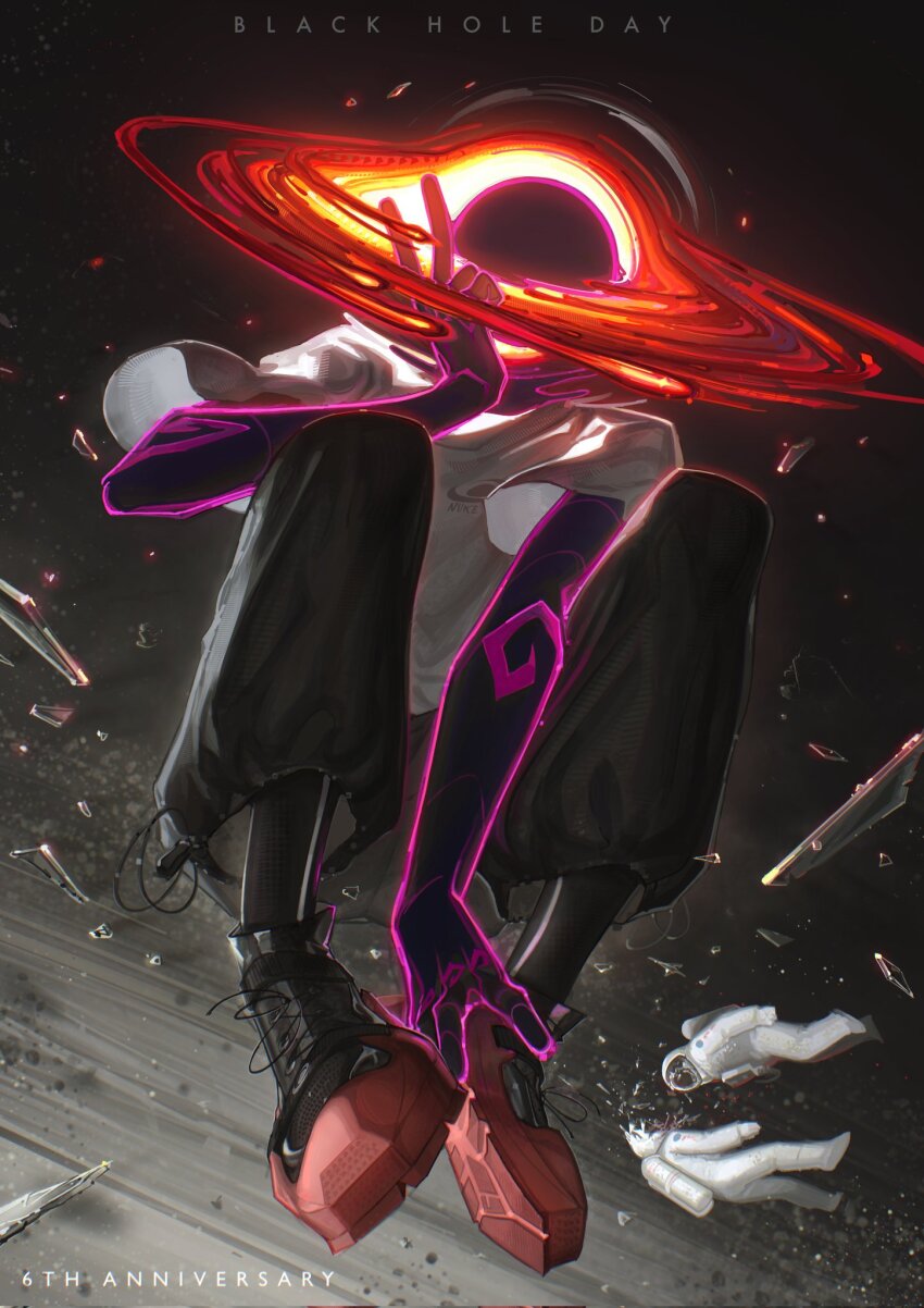 1boy, astronaut, black_hole, black_hole_head, black_pants, dark_skin, debris, floating, glass_shards, helmet, highres, original, pants, shirt, shoes, sneakers, space, space_helmet, spacesuit, trou_noir, v, white_shirt