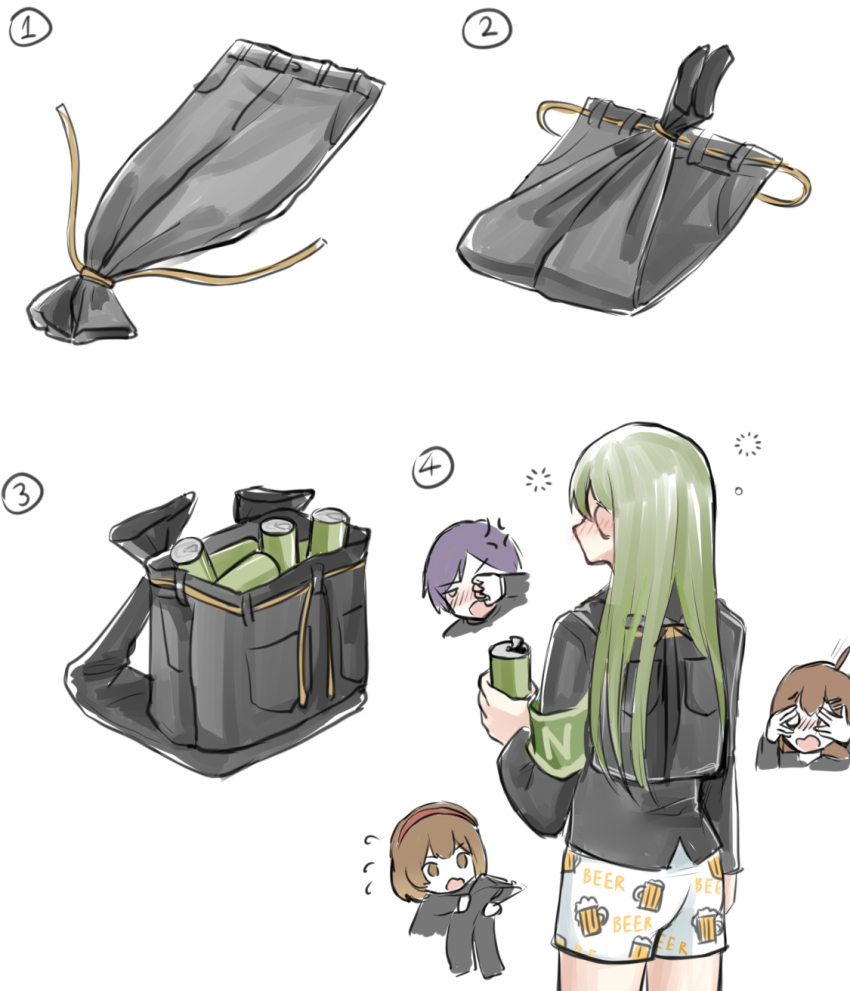 2boys, 2girls, anger_vein, armband, beer_can, beer_print, black_jacket, borderless_panels, can, covering_own_eyes, drink_can, drunk, embarrassed, green_armband, green_hair, highres, hod_(project_moon), holding_pants, how_to, jacket, lobotomy_corporation, long_hair, male_underwear, malkuth_(project_moon), meme, multiple_boys, multiple_girls, netzach_(project_moon), ori_oriio, pants, pants_backpack_(meme), peeking_through_fingers, print_male_underwear, project_moon, simple_background, suit_jacket, underwear, unworn_pants, white_background, white_male_underwear