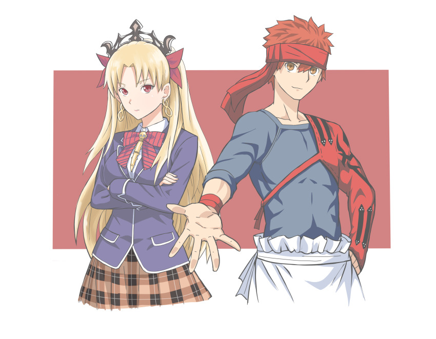 1boy, 1girl, absurdres, black_shirt, blonde_hair, blue_jacket, bow, bowtie