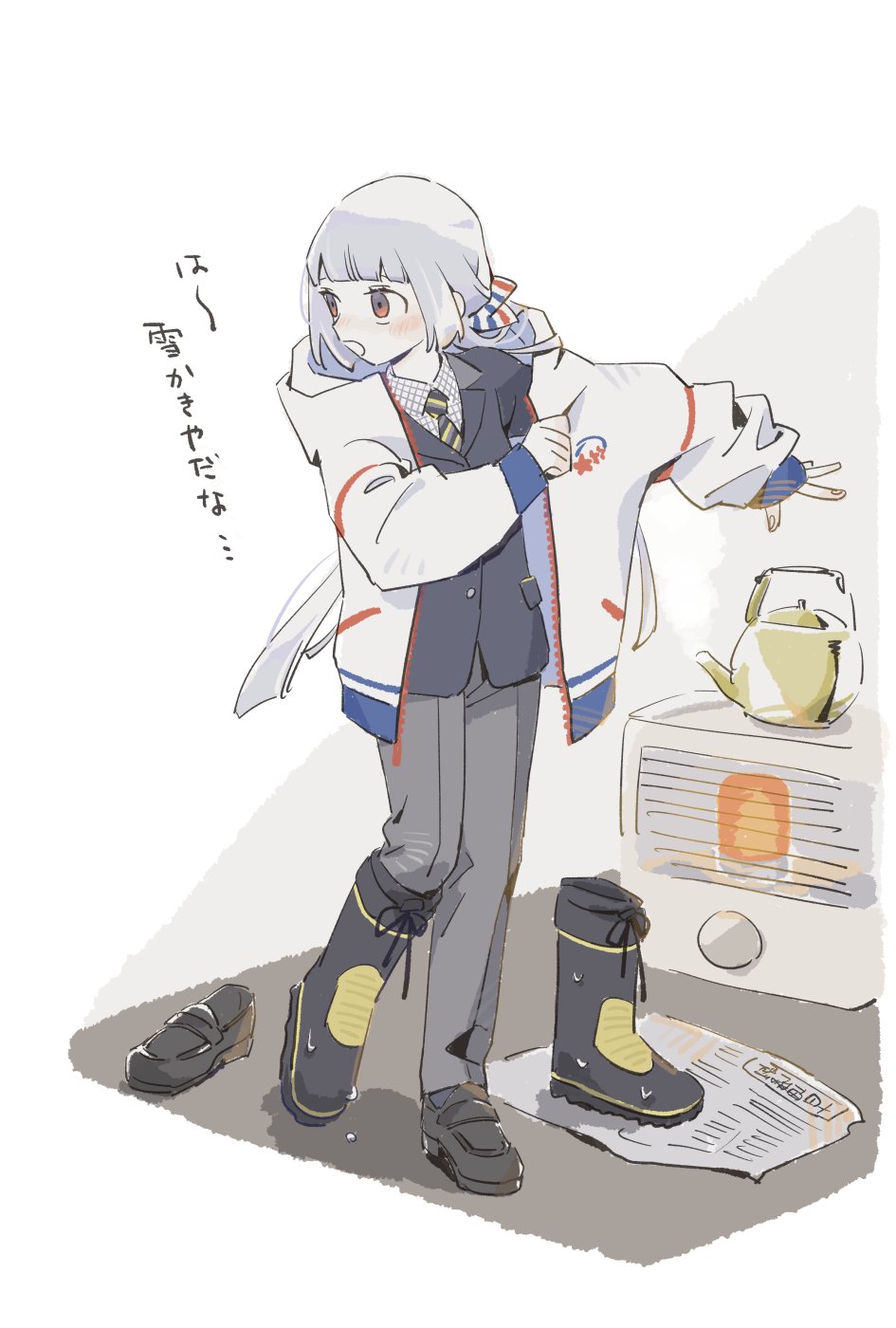 1girl, asahi_(uwa), asymmetrical_footwear, black_jacket, blazer, blunt_bangs, boots, coat, collared_shirt, faux_figurine, full_body, grey_hair, grey_pants, heater, highres, hood, hood_down, hooded_coat, jacket, loafers, long_hair, long_sleeves, looking_to_the_side, low_ponytail, matsudai_usagi, mismatched_footwear, multicolored_eyes, necktie, newspaper, open_clothes, open_coat, orange_eyes, pants, ponytail, purple_eyes, rubber_boots, shirt, shoes, simple_background, solo, standing, striped_clothes, striped_necktie, teapot, tetsudou_musume, two-tone_eyes, undressing, wet, white_background, white_coat
