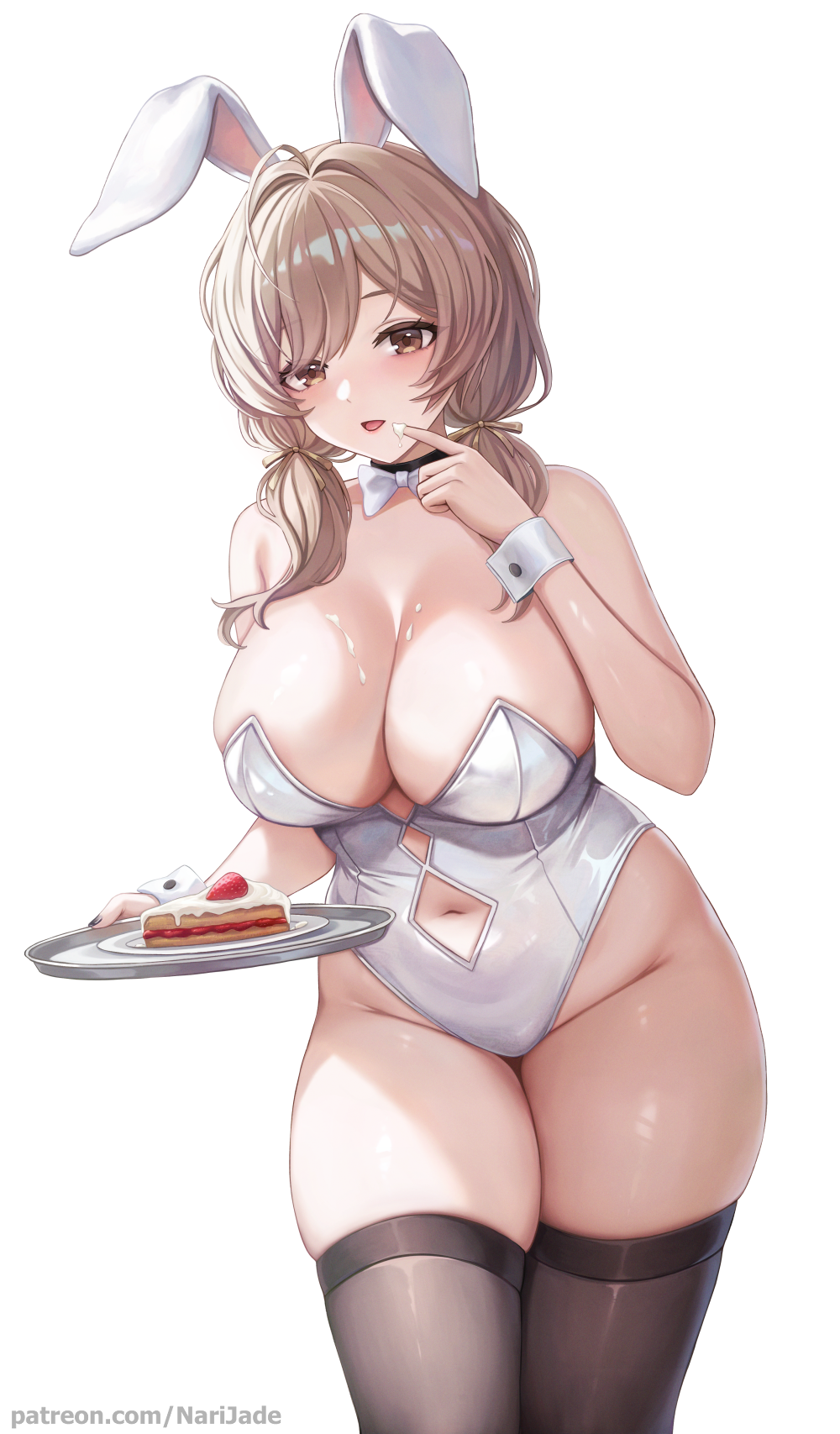 1girl, animal_ears, arms_up, bare_arms, bare_shoulders, black_choker, black_nails, black_thighhighs, bow, bowtie, bready_(nikke), breasts, brown_eyes, brown_hair, brown_ribbon, cake, cake_slice, choker, cleavage, clothing_cutout, commentary, cowboy_shot, cream_on_body, cream_on_breasts, cream_on_hands, cutout_above_navel, english_commentary, fake_animal_ears, fingernails, food, fruit, goddess_of_victory:_nikke, groin, hair_ribbon, highleg, highleg_leotard, highres, holding, holding_tray, large_breasts, leotard, light_blush, light_smile, long_hair, looking_at_viewer, low_twintails, nail_polish, narijade, navel, navel_cutout, parted_lips, patreon_username, plate, playboy_bunny, rabbit_ears, ribbon, simple_background, skindentation, solo, standing, strapless, strapless_leotard, strawberry, thigh_gap, thighhighs, tray, twintails, white_background, white_bow, white_bowtie, white_leotard, wrist_cuffs