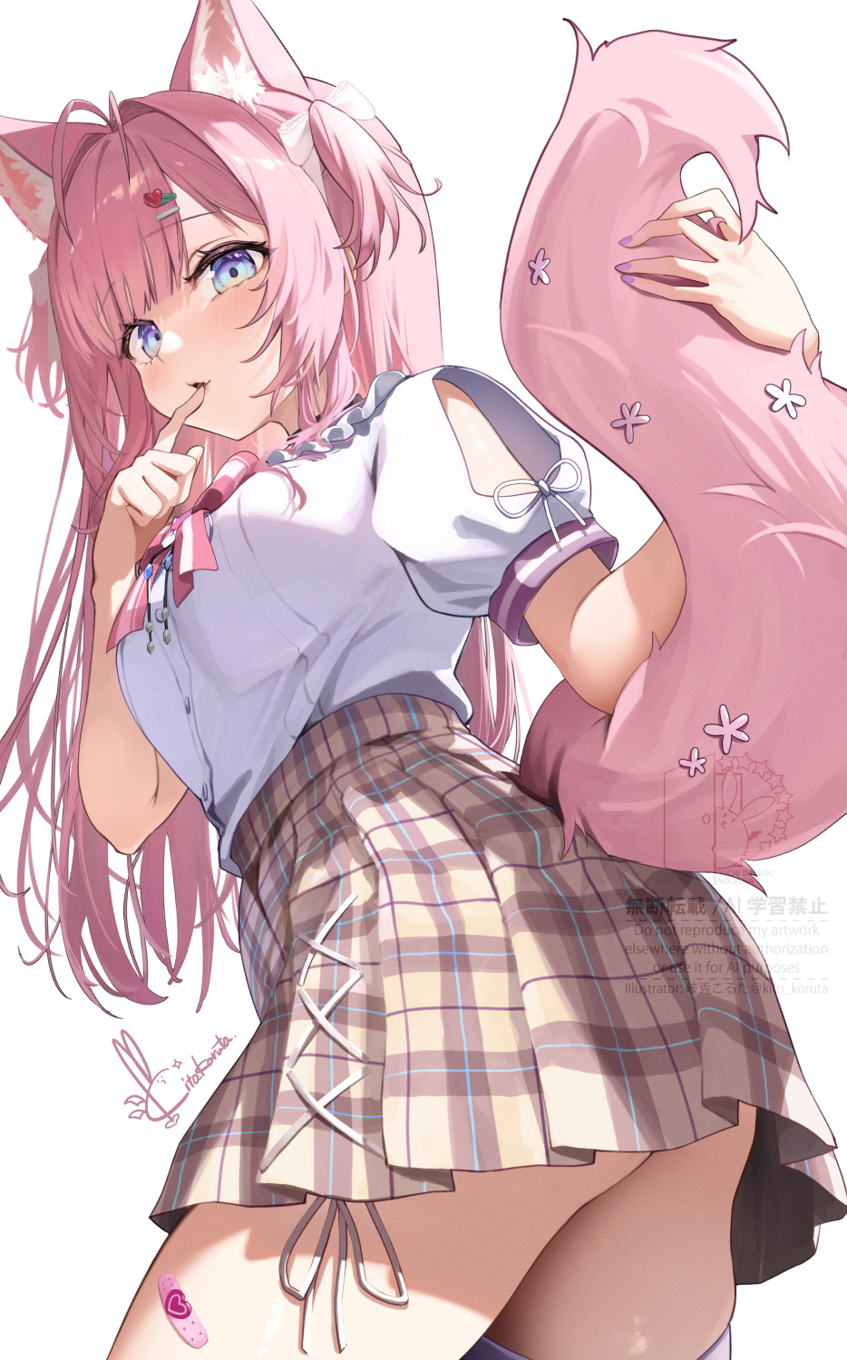 1girl, animal_ears, antenna_hair, chest_bow, clothing_cutout, commentary_request, cross-laced_clothes, cross-laced_skirt