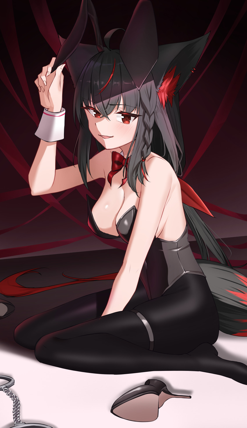 1girl, absurdres, alternate_costume, animal_ear_fluff, animal_ear_piercing, animal_ears, bare_shoulders, between_legs