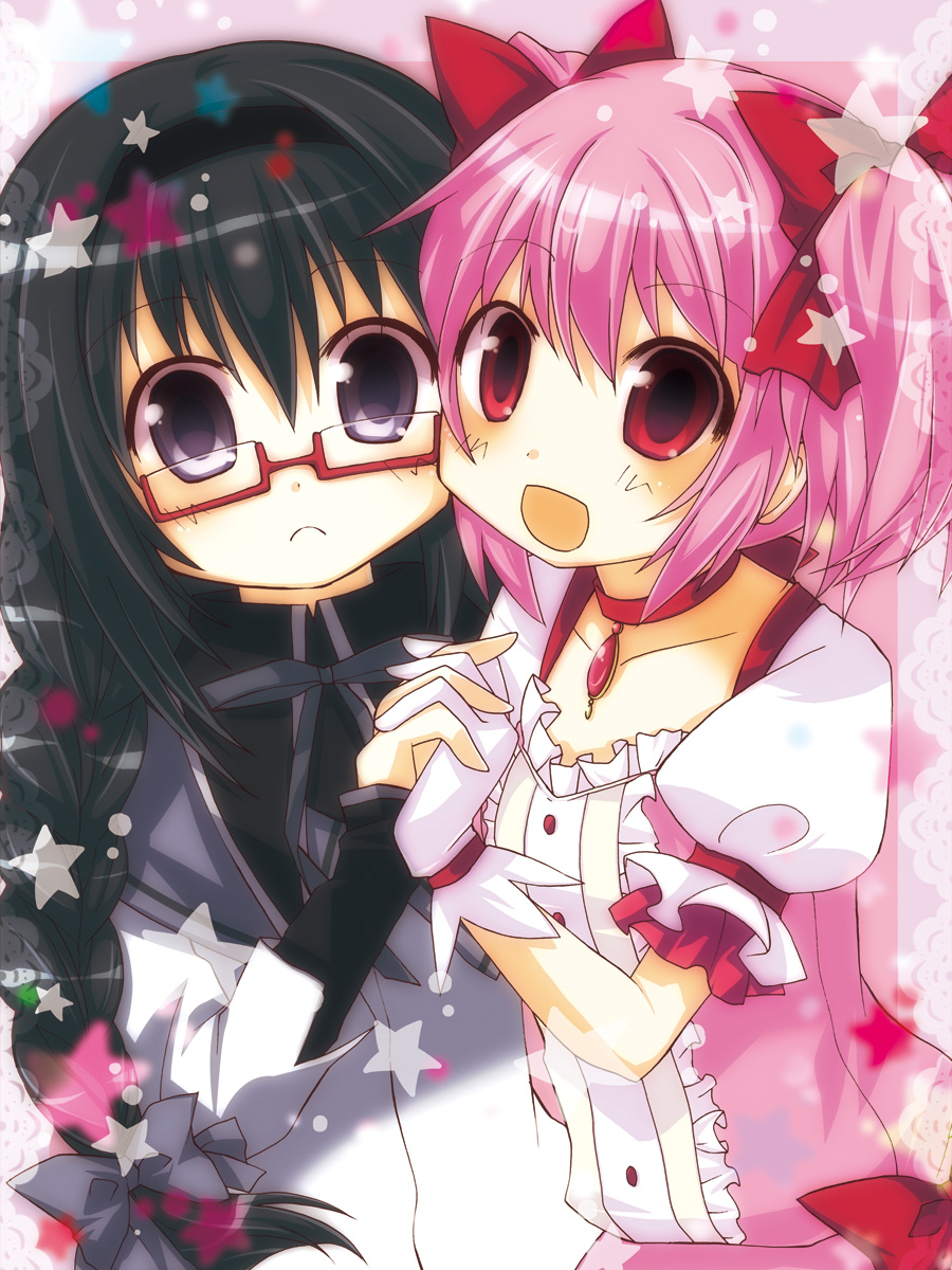 10s, 2girls, akemi_homura, akemi_homura_(magical_girl), black_eyes, black_hair, braid, glasses