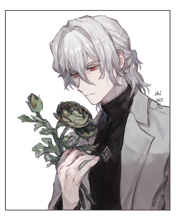 1boy, antonio_salieri_(fate), black_shirt, border, fate/grand_order, fate_(series), flower, grey_hair