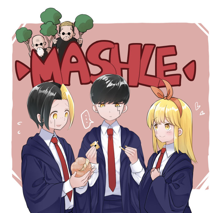 1girl, 4boys, beard, black_hair, black_robe, blonde_hair, brad_coleman, collared_shirt, copyright_name, cream_puff, facial_hair, facial_mark, finn_ames, food, freckles, lemon_irvine, long_sleeves, mash_burnedead, mashle, multicolored_hair, multiple_boys, necktie, open_mouth, ptt, red_necktie, regro_burnedead, robe, round_eyewear, shirt, short_hair, smile, split-color_hair, white_shirt, yellow_eyes