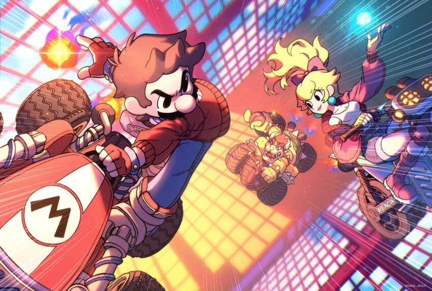 belt, black_eyes, blonde_hair, blue_pants, bob-omb, boots, bow, bowser