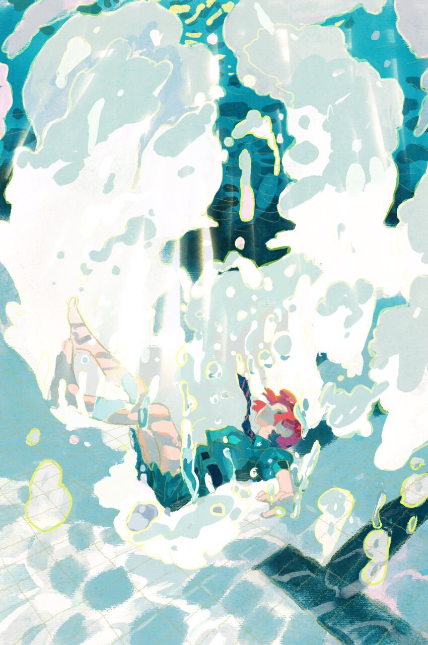 1girl, air_bubble, amate_yuzuriha, aqua_eyes, aqua_shirt, aqua_skirt, black_necktie, bubble, commentary, english_commentary, ganyuyu11192, gundam, gundam_gquuuuuux, highres, long_sleeves, necktie, open_mouth, pool, red_hair, red_necktie, school_uniform, shirt, short_hair, skirt, solo, two-tone_necktie, underwater, water