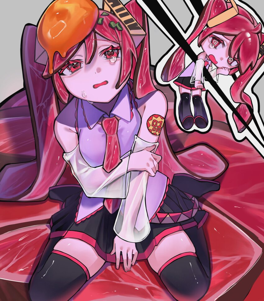 1girl, @_@, black_skirt, black_thighhighs, boots, chibi, chibi_inset, chopsticks