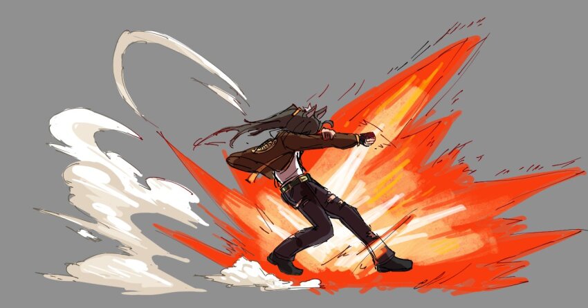 1girl, animal_ears, black_gloves, brown_jacket, buster_wolf, door_knob_(horse_race_tests), explosion, fatal_fury