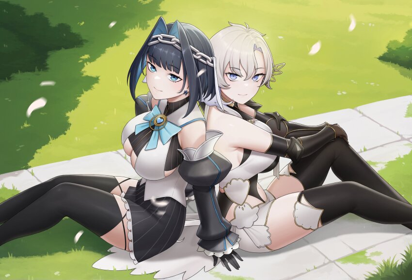 2girls, absurdres, back-to-back, black_gloves, black_hair, black_skirt, black_thighhighs, blue_bow