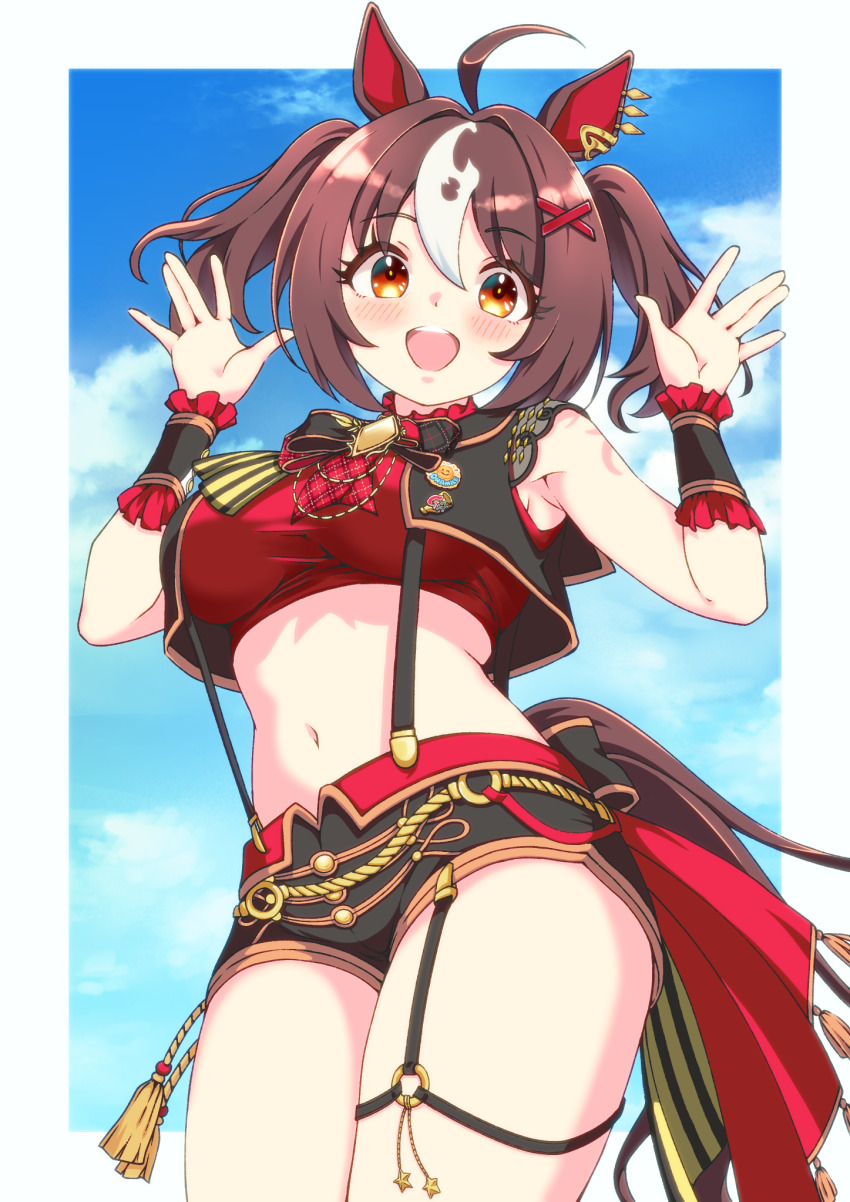 animal_ears, arms_at_sides, blush, breasts, brown_eyes, brown_hair, commentary_request, gran_alegria_(umamusume)