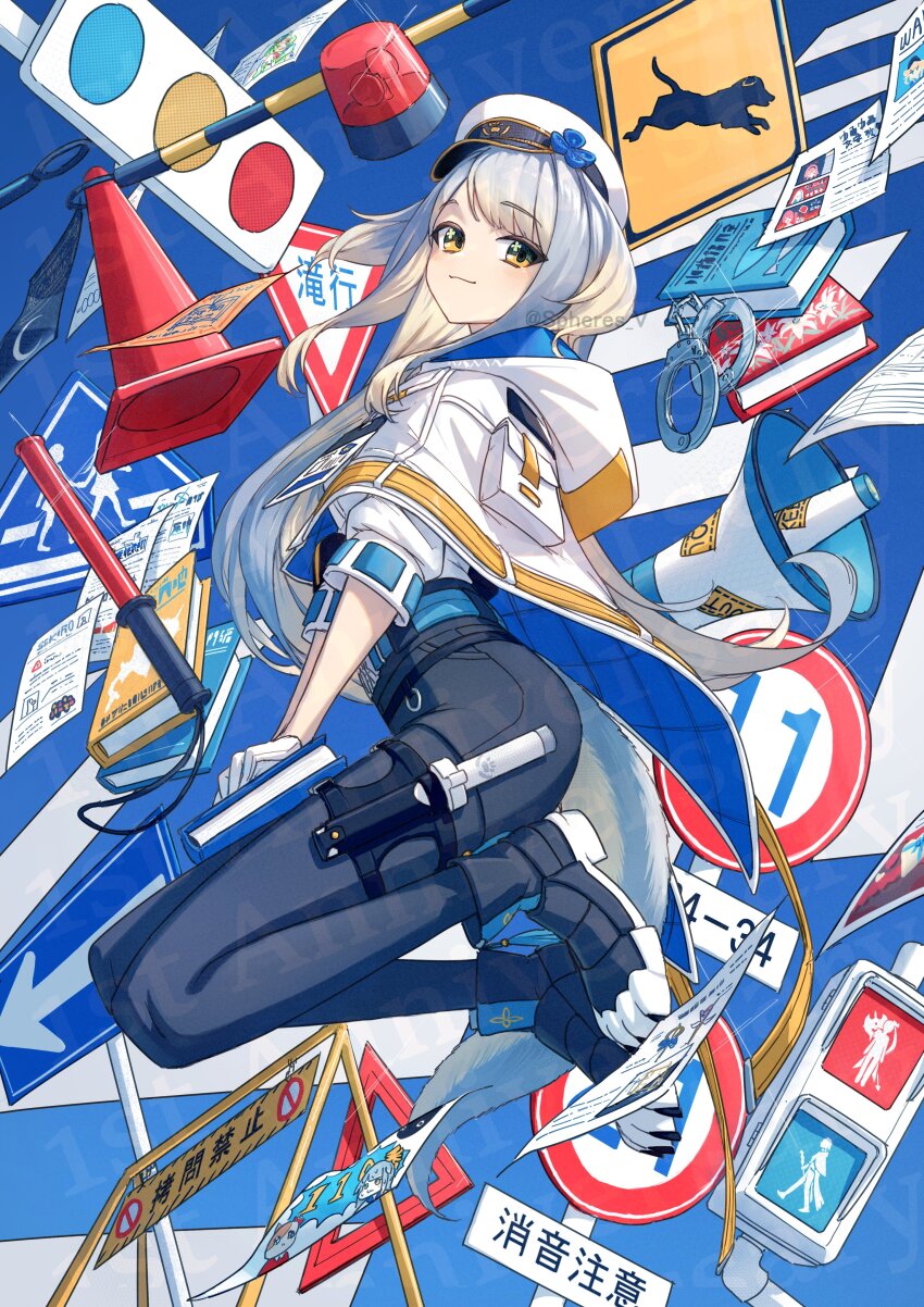 1girl, :3, absurdres, animal_ears, armillarphere_v, artist_name, baton_(weapon), belt, blonde_hair, blue_background, blue_belt, blue_pantyhose, blue_shoes, blue_shorts, blush, book, capelet, closed_mouth, commentary_request, cuffs, dog_ears, dog_girl, dog_tail, glint, gloves, gradient_hair, green_eyes, grey_hair, handcuffs, hat, high-waist_shorts, highres, holding, holding_book, holster, id_card, long_hair, looking_at_viewer, looking_to_the_side, megaphone, milan_kestrel, multicolored_eyes, multicolored_hair, nijisanji, orange_eyes, orange_ribbon, pantyhose, pantyhose_under_shorts, paper, paw_shoes, peaked_cap, pedestrian_lights, police, police_hat, police_uniform, policewoman, pouch, quilted_clothes, ribbon, road_sign, shioriha_ruri, shioriha_ruri_(1st_costume), shirt, shirt_tucked_in, shoes, short_shorts, short_sleeves, shorts, sidelocks, sign, smile, solo, tachitsute_toto, tail, thigh_holster, thigh_strap, traffic_baton, traffic_cone, traffic_light, twitter_username, two-sided_capelet, two-tone_background, two-tone_eyes, virtual_youtuber, weapon, white_background, white_capelet, white_gloves, white_hat, white_shirt