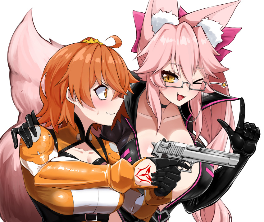 2girls, absurdres, animal_ears, black_bodysuit, blush, bodysuit, bow, breasts