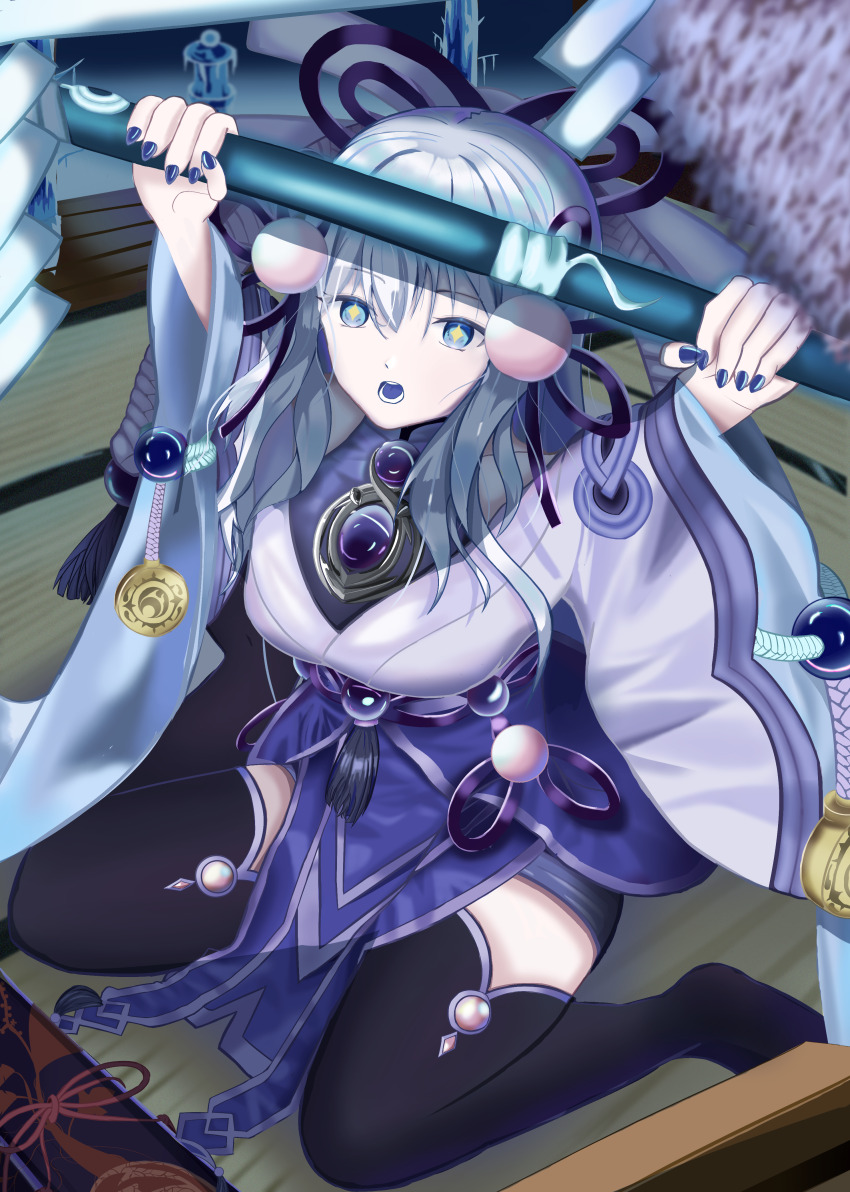 1girl, absurdres, arms_up, black_thighhighs, blue_eyes, blue_nails, blue_tongue, colored_tongue