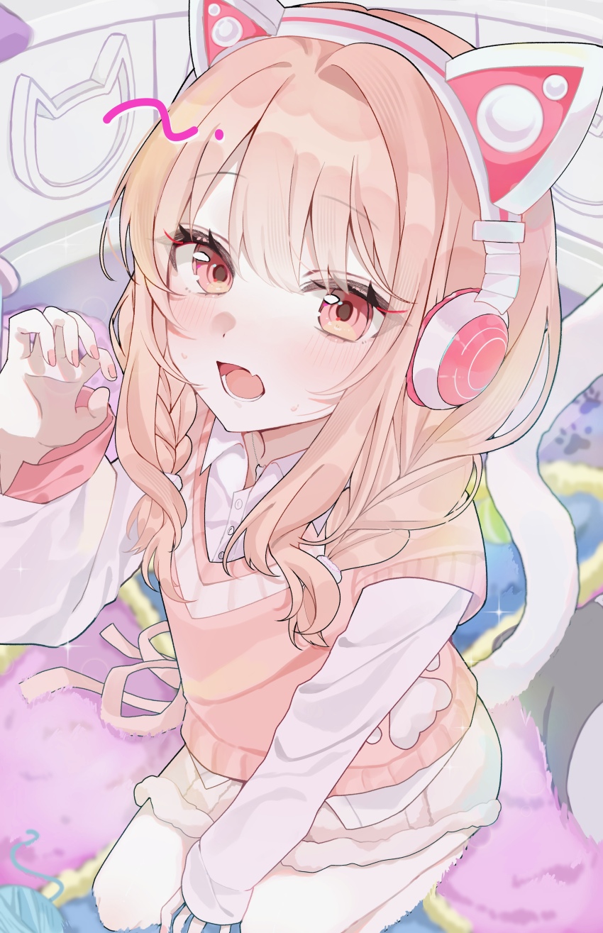 1other, absurdres, akiyama_mizuki, alternate_hairstyle, animal_ear_headphones, animal_ears, bare_legs, blush