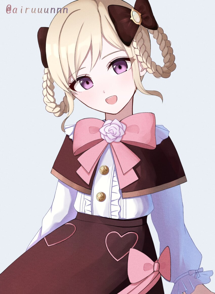 1girl, aged_down, arururunnnn, black_capelet, blonde_hair, braid, braided_hair_rings, brooch