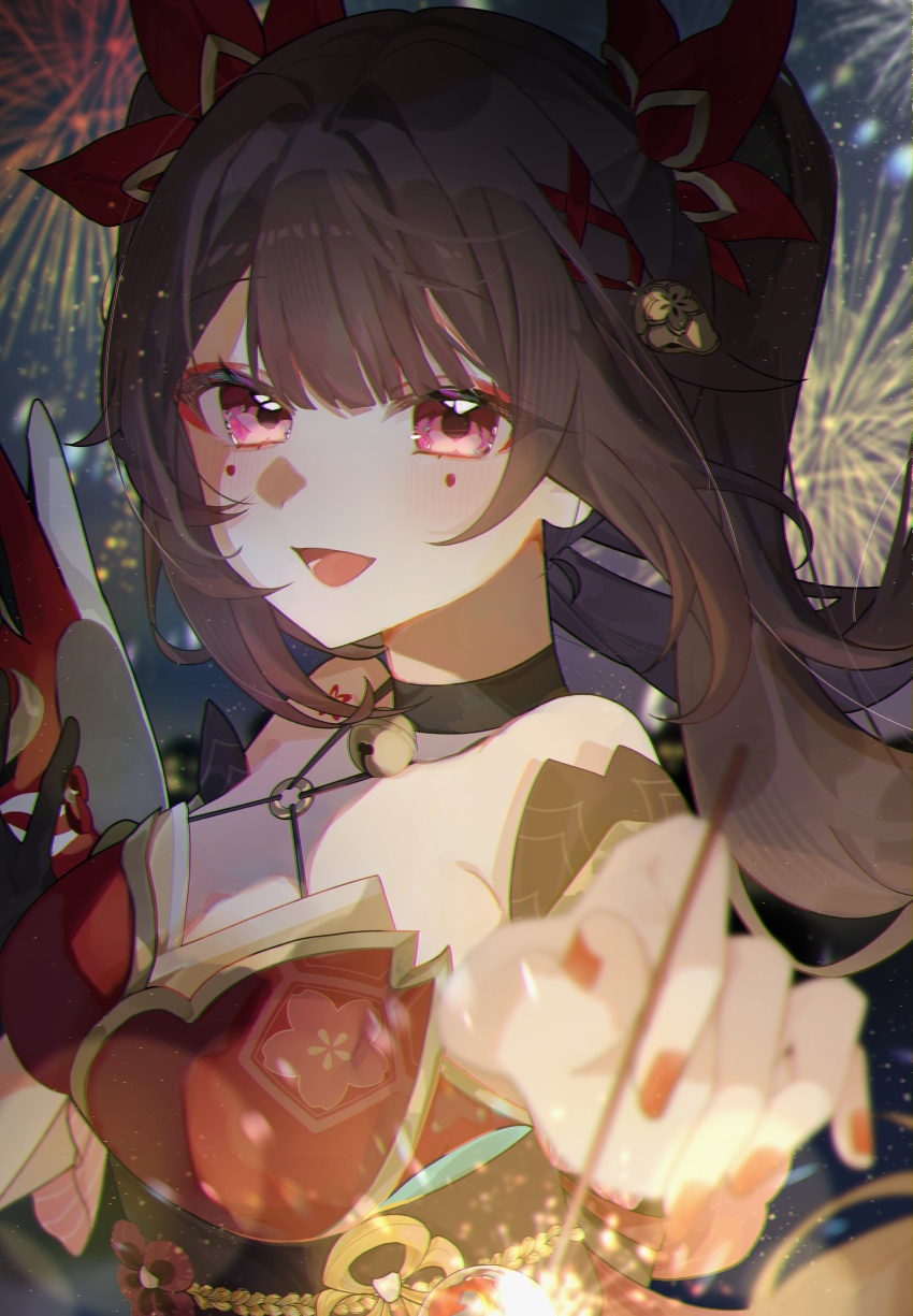 1girl, absurdres, bare_shoulders, bell, black_choker, black_hair, black_sash, breasts