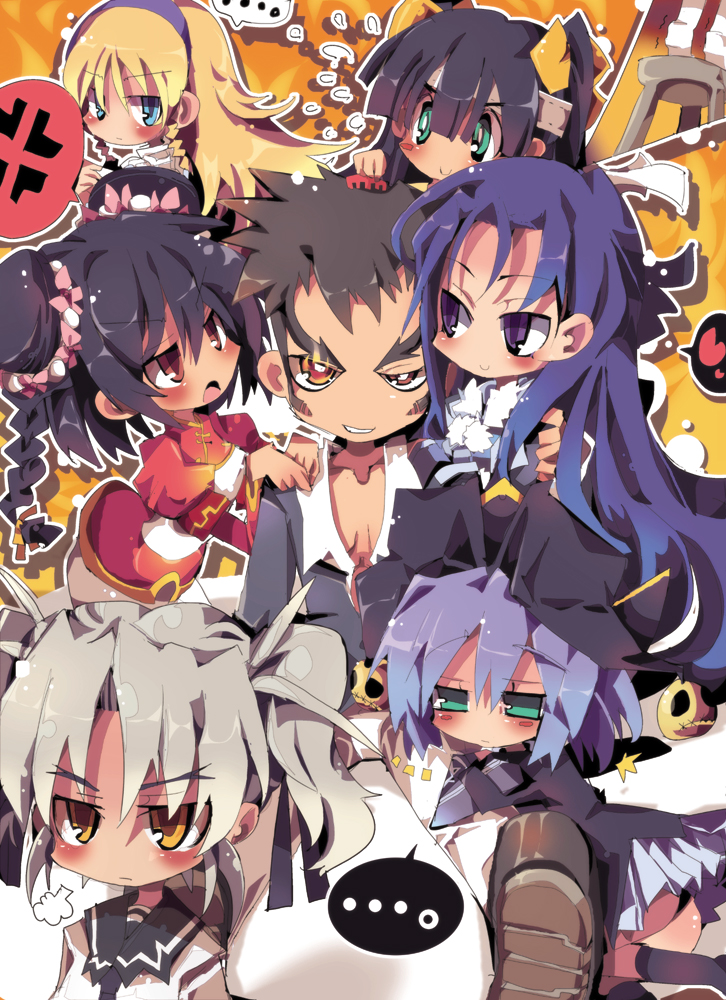 ..., 6+girls, alice_soft, anger_vein, ass, black_hair, black_socks, blue_eyes, blue_hair, blush, braid, brown_hair, chinese_clothes, dai_(series), daiakuji, dango_mushi, double_bun, fur_trim, glowing, glowing_eye, green_eyes, grey_hair, grin, hair_bun, haku_minka, heart, henri_pelori, kaga_motoko, kneehighs, looking_back, multiple_girls, nogi_kikuko, open_mouth, pleated_skirt, priscilla_wadul, purple_hair, red_eyes, school_uniform, serafuku, short_twintails, sideburns, skirt, smile, socks, speech_bubble, spoken_anger_vein, takega_satsu, twin_braids, twintails, yamamoto_akuji, yellow_eyes