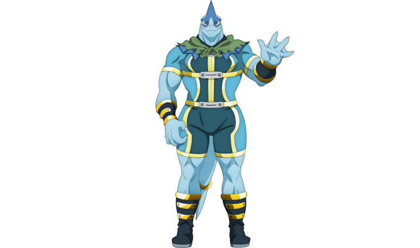 1boy, araba_(shangri-la_frontier), bara, fins, fish_tail, full_body, gold_trim, highres