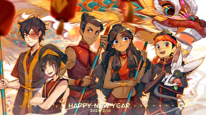 2girls, 3boys, aang, absurdres, animal, animal_ear_fluff, avatar:_the_last_airbender, avatar_legends