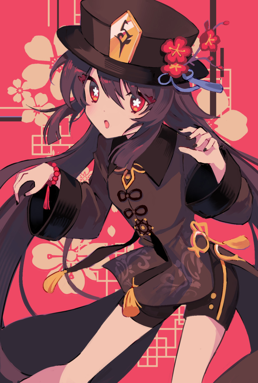 1girl, bead_bracelet, beads, black_hat, black_nails, black_shorts, bracelet, brown_hair