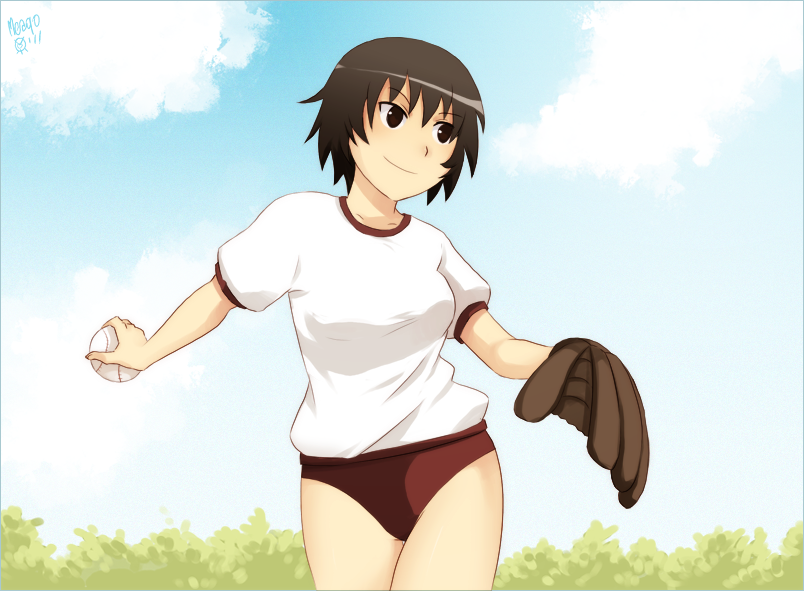 1girl, azumanga_daiou, baseball_glove, black_eyes, brown_hair, buruma, cloud, female_focus