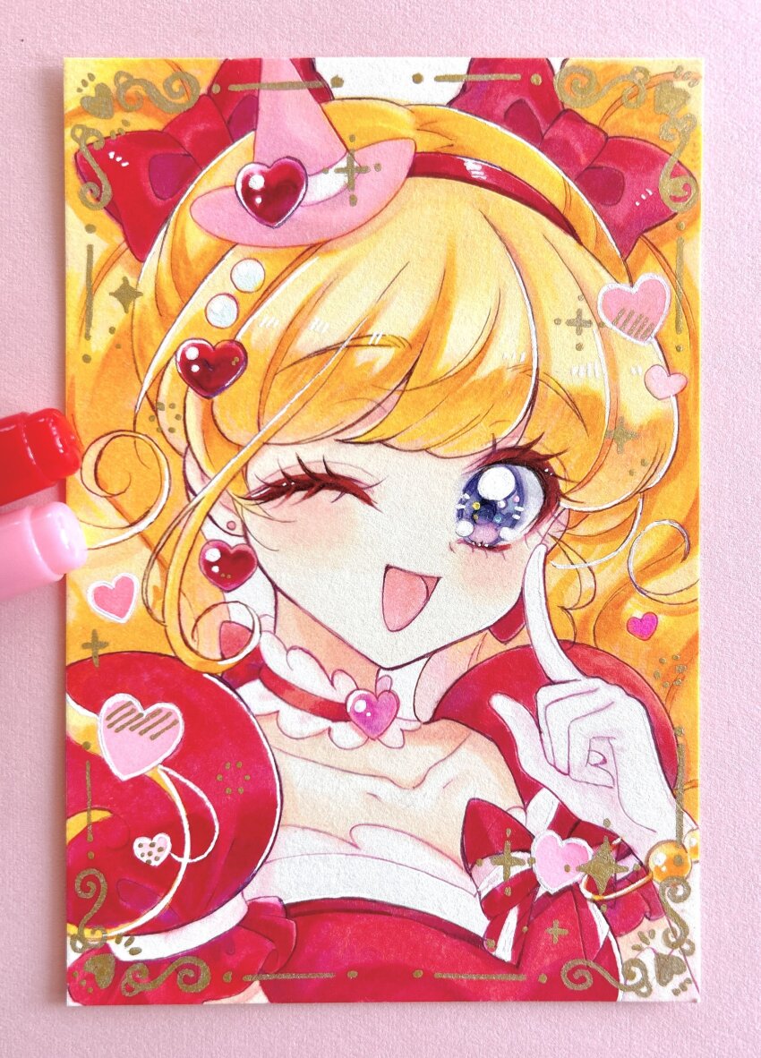 1girl, :d, absurdres, art_tools_in_frame, asahina_mirai, blonde_hair, border, bow