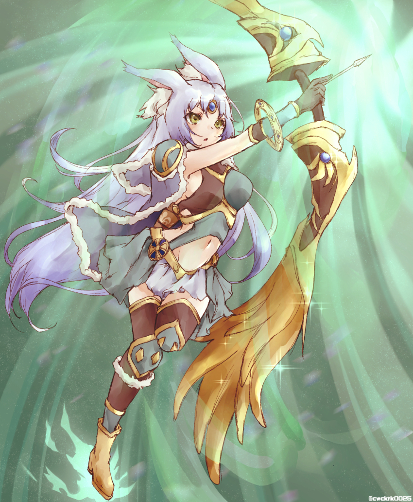 1girl, animal_ear_fluff, animal_ears, apollousa_bow_of_the_goddess, aqua_hair, arrow_(projectile), asymmetrical_clothes, black_thighhighs