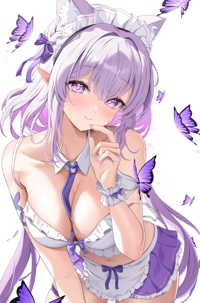 1girl, absurdres, alternate_costume, animal_ear_fluff, animal_ears, bare_shoulders, between_breasts, bow, bra, breasts, bug, butterfly, castorice_(honkai:_star_rail), cat_ears, cleavage, closed_mouth, collar, collarbone, commentary, detached_collar, enmaided, fingernails, frilled_hairband, frilled_wrist_cuffs, frills, hair_between_eyes, hairband, hand_up, highres, honkai:_star_rail, honkai_(series), horizontally_flipped, insect, kemonomimi_mode, kesa_pasa, long_hair, looking_at_viewer, maid, maid_headdress, md5_mismatch, medium_breasts, nail_polish, navel, necktie, necktie_between_breasts, pointy_ears, purple_bow, purple_butterfly, purple_eyes, purple_hair, purple_nails, purple_necktie, purple_skirt, simple_background, skirt, smile, solo, stomach, underwear, very_long_hair, white_background, white_bra, white_collar, white_wrist_cuffs, wrist_cuffs
