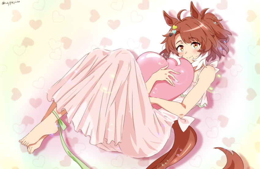 1girl, ahoge, animal_ears, ankle_ribbon, bare_shoulders, barefoot, blush, brown_eyes