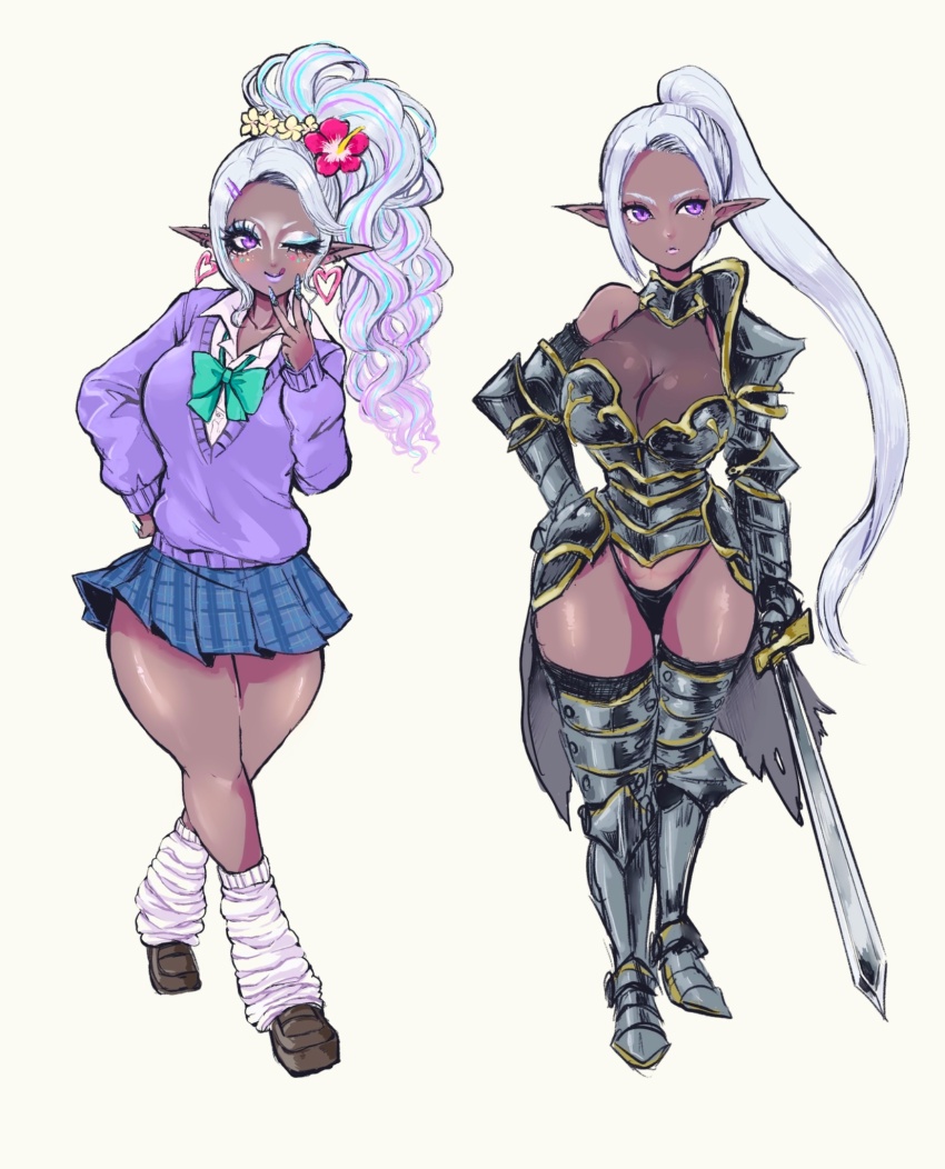 armor, before_and_after, bow, bowtie, breasts, cleavage, dark-skinned_female, dark_elf, dark_skin, ear_piercing, elf, facepaint, fake_nails, gyaru, gyaru_makeup, highlighter_(makeup), highres, large_breasts, large_forehead, long_hair, long_pointy_ears, looking_at_viewer, loose_bowtie, loose_socks, makeup, manba_gyaru, mind_control, multicolored_hair, nail_polish, original, panties, piercing, pleated_skirt, pointy_ears, revealing_clothes, sakuramau, school_uniform, shirt, skirt, smile, socks, sword, thick_thighs, thighhighs, thighs, transformation, underwear, weapon, white_hair, white_shirt, yamanba_(gyaru)