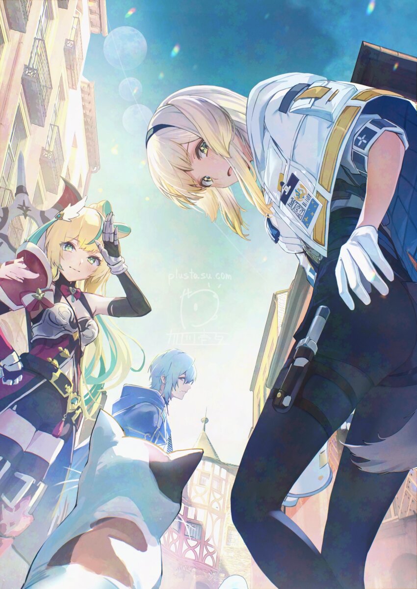 1boy, 2girls, adversarial_noise, animal_ears, aqua_hair, armor, armored_boots, axe