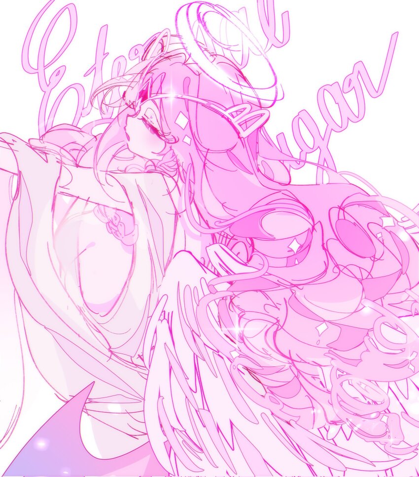 1girl, angel, angel_wings, colored_skin, cookie_run, cookie_run:_kingdom, demon_girl, demon_wings, dress, eternal_sugar_cookie, highres, kerrolyk, long_hair, pink_hair, pink_skin, pink_theme, solo, very_long_hair, white_dress, wings