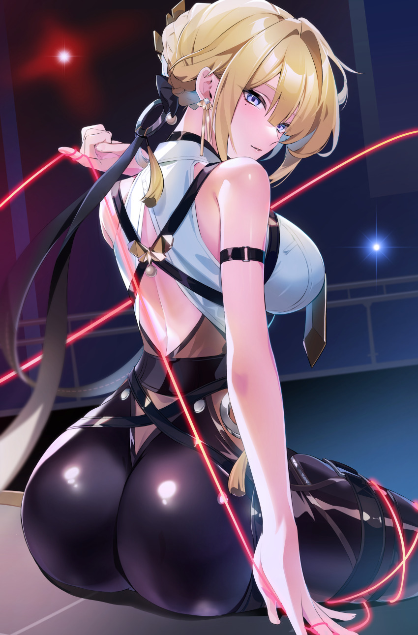 1girl, absurdres, ass, bare_shoulders, black_pants, blonde_hair, breasts, chest_harness, commentary_request, earrings, evelyn_chevalier, from_behind, hair_intakes, hair_ornament, hand_up, harness, highres, jewelry, large_breasts, latex, latex_pants, light_smile, looking_at_viewer, looking_back, mole, mole_under_eye, pants, parted_lips, purple_eyes, ring_hair_ornament, shirt, short_hair, sitting, sleeveless, sleeveless_shirt, solo, thread, tight_clothes, tight_pants, white_shirt, yuzuyu010, zenless_zone_zero