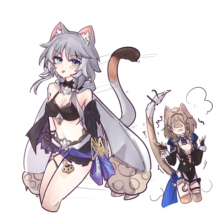 2girls, absurdres, animal_ear_fluff, animal_ears, bikini, bikini_top_only, black_bikini, black_gloves, black_hood, black_shorts, blue_eyes, breasts, brown_hair, cat_ears, cat_girl, cat_tail, cipher_(honkai:_star_rail), cipher_(honkai:_star_rail)_(cosplay), cleavage, commentary_request, cosplay, costume_switch, cropped_legs, fingerless_gloves, gloves, green_eyes, grey_hair, heterochromia, highres, honkai:_star_rail, honkai_(series), honkai_impact_3rd, hood, medium_breasts, mole, mole_on_breast, multiple_girls, navel, open_mouth, pardofelis, pardofelis_(cosplay), pardofelis_(reverist_calico), sang_yuchen, short_hair_with_long_locks, shorts, simple_background, stomach, swimsuit, tail, tongue, tongue_out, white_background, white_shorts