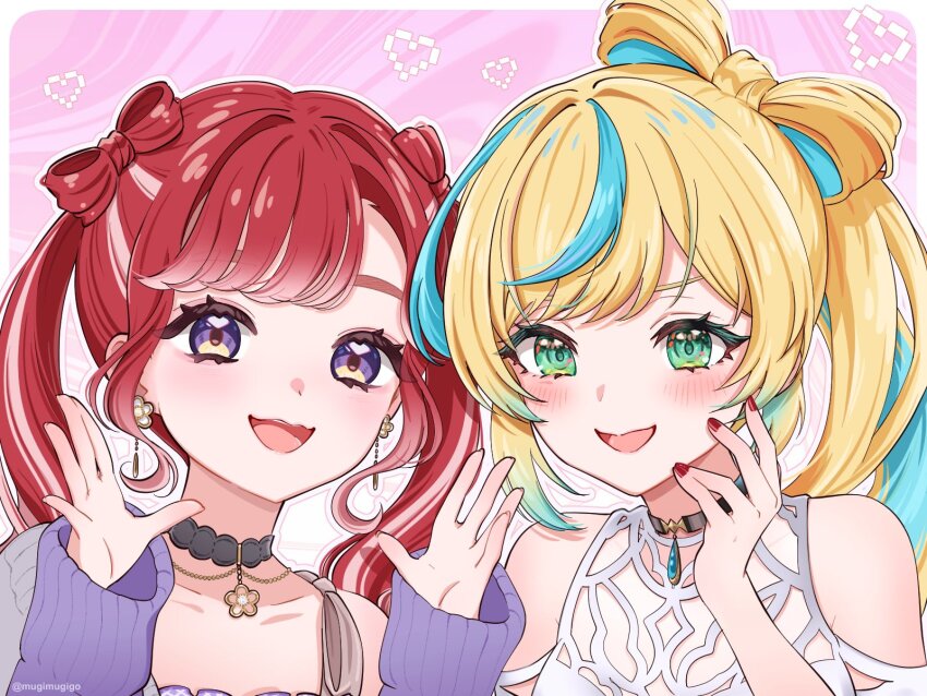 2girls, :d, artist_name, bare_shoulders, black_choker, black_nails, blonde_hair, blue_hair