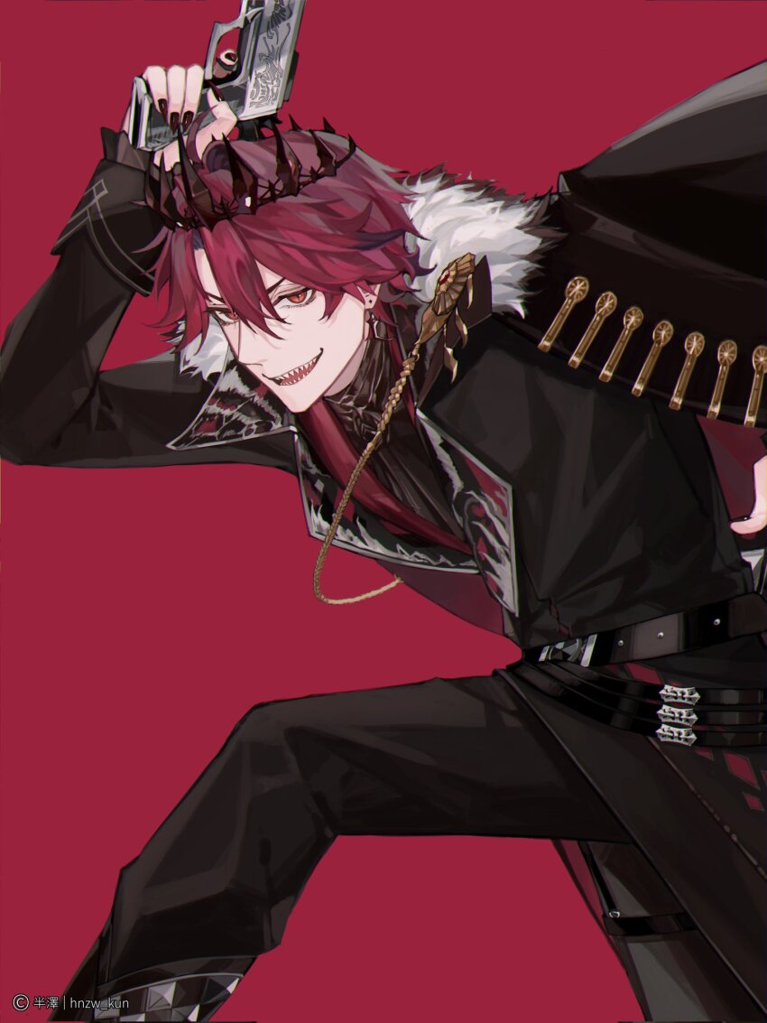 1boy, artist_name, belt, bent_over, black_jacket, crown, earrings, finger_on_trigger, fur-trimmed_jacket, fur_collar, fur_trim, gun, handgun, highres, hnzw_kun, holding, holding_gun, holding_weapon, holostars, holostars_english, jacket, jacket_on_shoulders, jewelry, jurard_t_rexford, male_focus, open_mouth, red_background, red_eyes, red_hair, sharp_teeth, signature, simple_background, slit_pupils, solo, teeth, virtual_youtuber, weapon