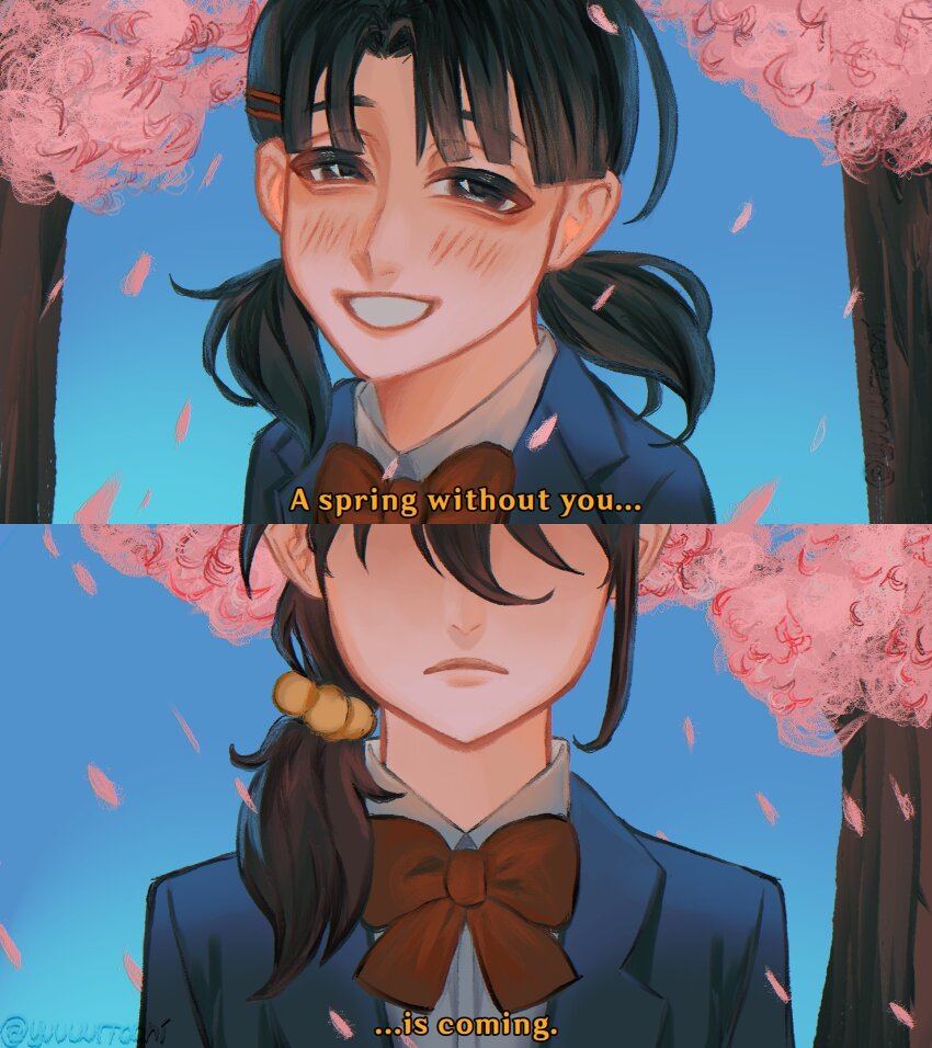 2girls, black_hair, black_jacket, blush, bow, bowtie, braid, cherry_blossoms