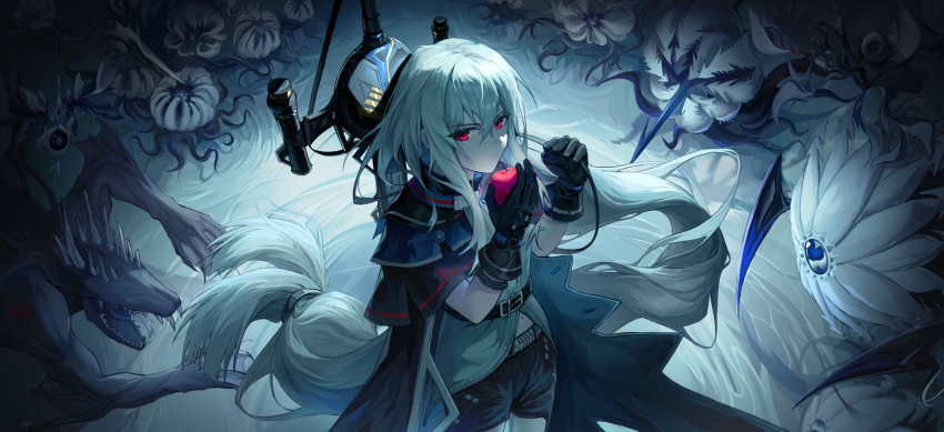 1girl, apple, arknights, basin_sea_reaper_(arknights), black_cape, black_gloves, black_leggings, cape, closed_mouth, clothing_cutout, deep_sea_slider_(arknights), dress, ely_(elylyyyyyy), floating_sea_drifter_(arknights), food, fruit, gloves, grey_hair, grey_shirt, hair_between_eyes, highres, holding, holding_food, holding_fruit, leggings, long_hair, looking_at_viewer, low-tied_long_hair, navel, missing_headwear, pathshaper_(arknights), primal_sea_piercer_(arknights), red_dress, red_eyes, seaborn_(arknights), shirt, skadi_(arknights), solo, sword, thigh_cutout, toxocellular_drifter_(arknights), very_long_hair, weapon