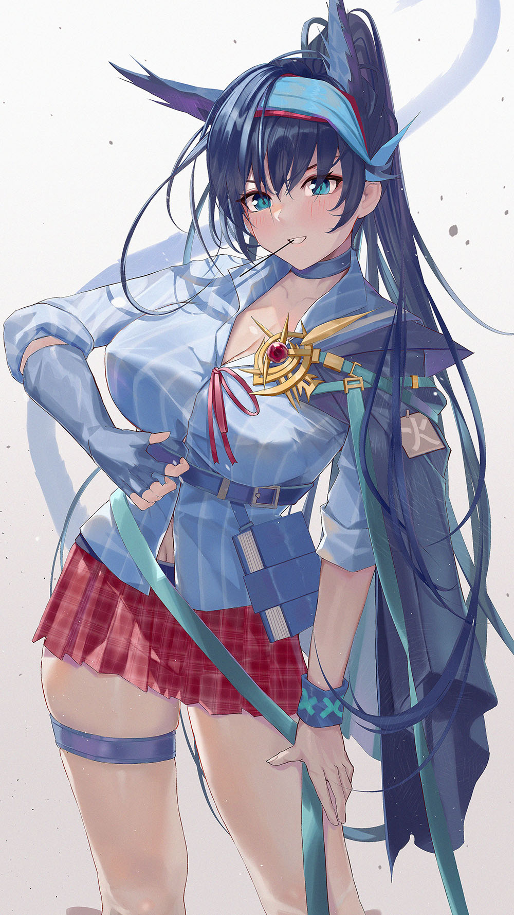 1girl, animal_ears, arknights, black_gloves, black_hair, blaze_(arknights), blaze_(explosive_blue_flame)_(arknights), blue_choker