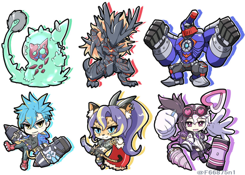 2girls, 3boys, armor, black_shirt, blonde_hair, blue_armor, blue_hair, blue_jacket