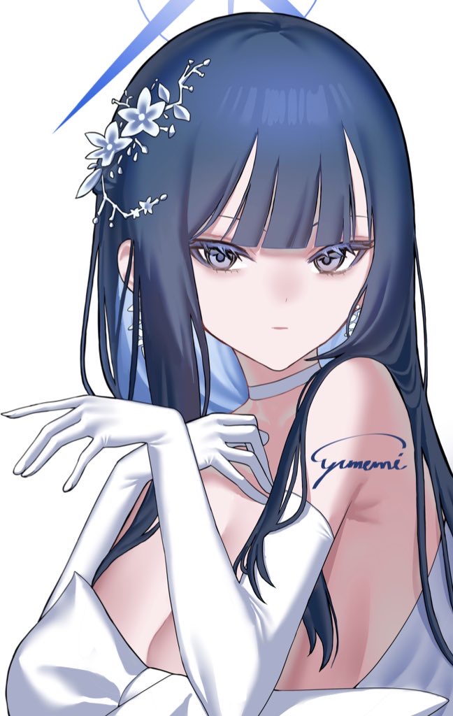 1girl, :|, armpit_crease, bare_shoulders, black_hair, blue_archive, blue_eyes, blue_hair