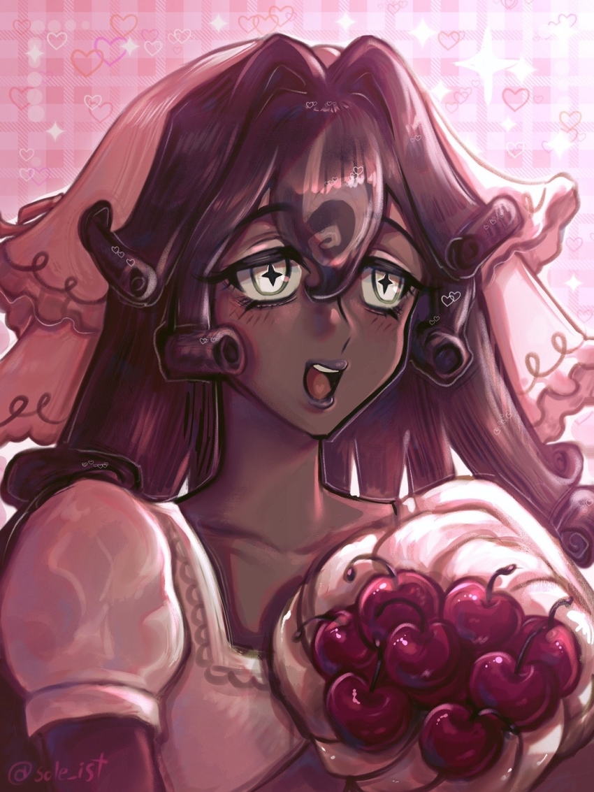 1girl, black_forest_cookie, bouquet, bridal_veil, brown_hair, cherry, cookie_run, cookie_run:_kingdom