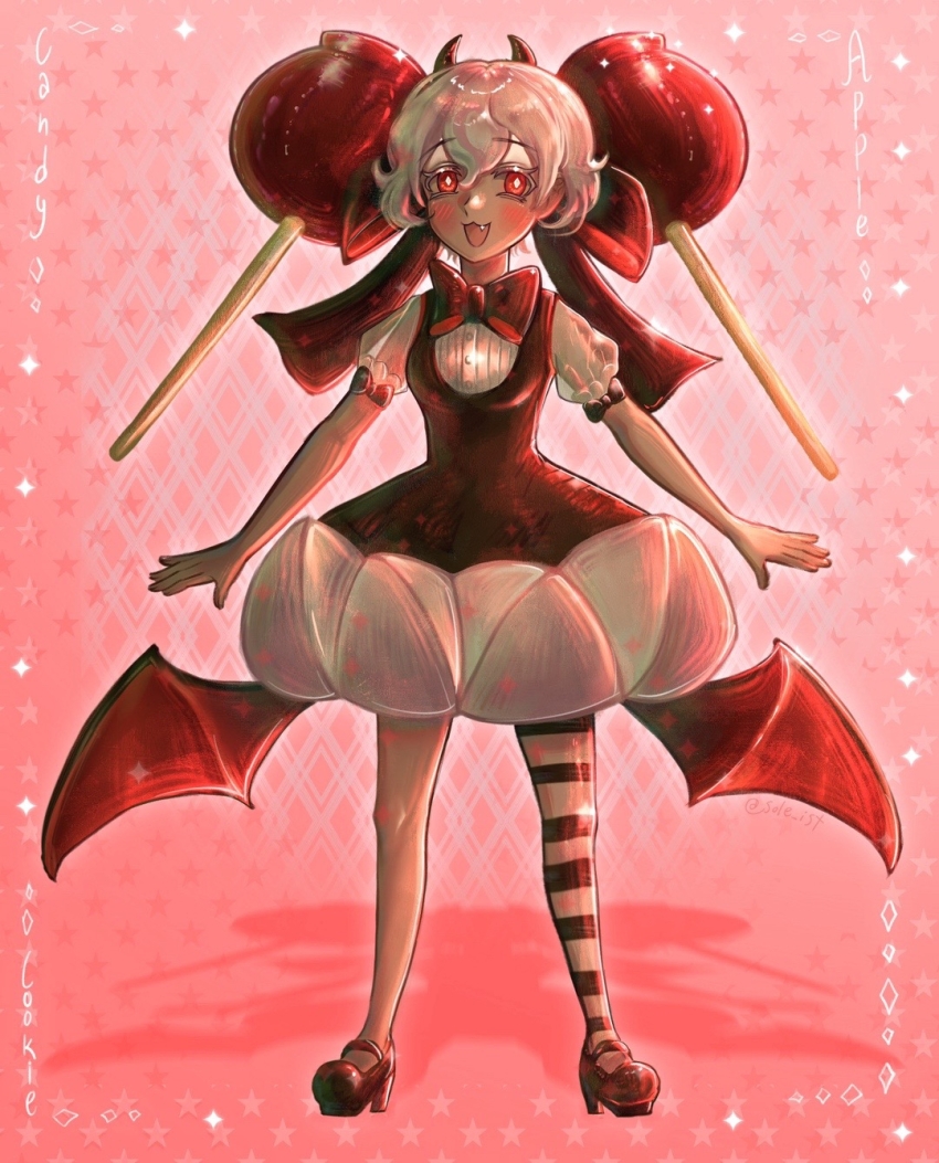 1girl, apple_hair_ornament, black_bow, black_bowtie, black_dress, bow, bowtie, candy_apple