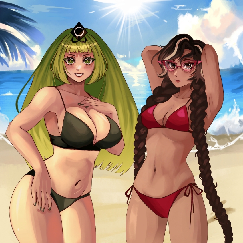 2girls, alternate_costume, beach, bikini, blue_sky, braid, choco_drizzle_cookie, cookie_run, cookie_run:_kingdom, green_eyes, green_hair, green_tea_mousse_cookie, highres, hime_cut, humanization, long_hair, looking_at_viewer, multiple_girls, personification, sky, smile, straight_hair, swimsuit, twin_braids, user_jded8754