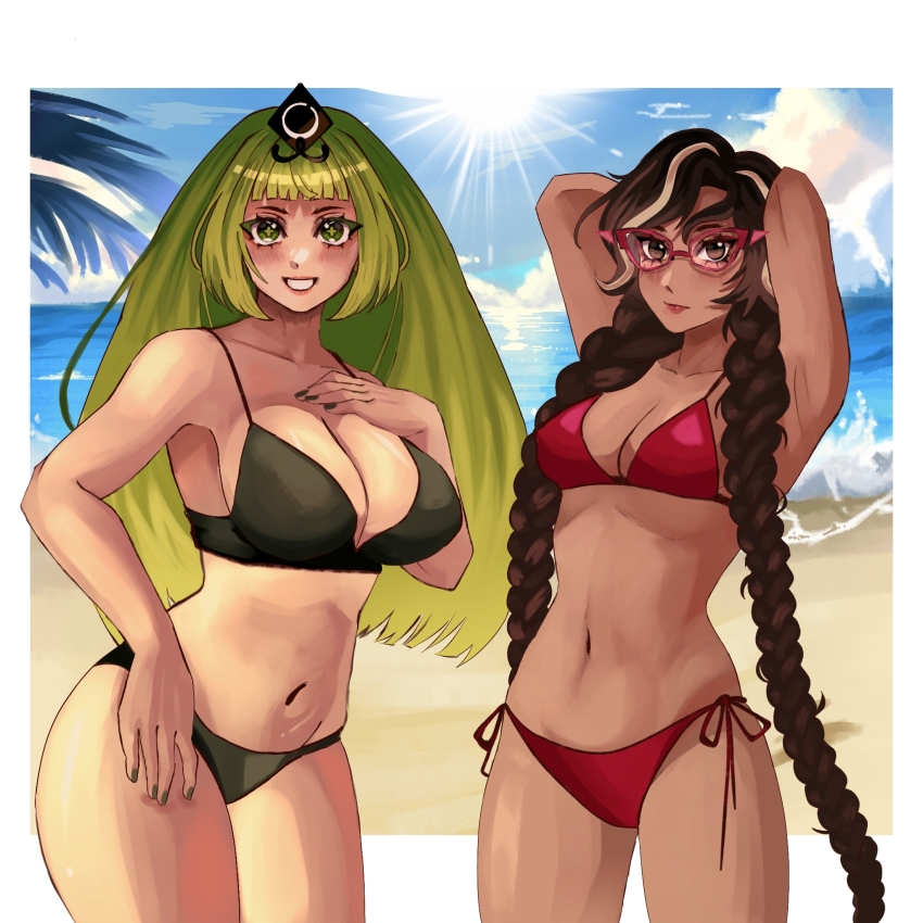 2girls, alternate_costume, beach, bikini, blue_sky, braid, choco_drizzle_cookie, cookie_run