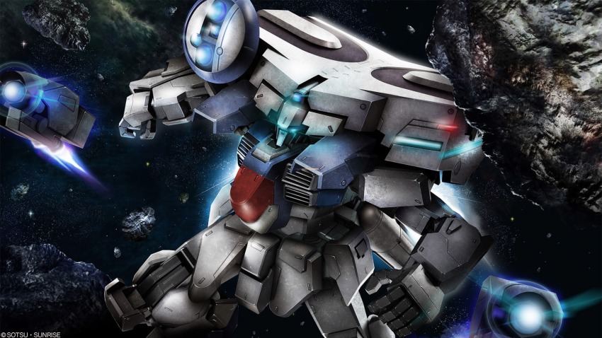 absurdres, artist_request, asteroid, blue_visor, copyright_logo, ewac_nero, gundam, gundam_battle_operation_2