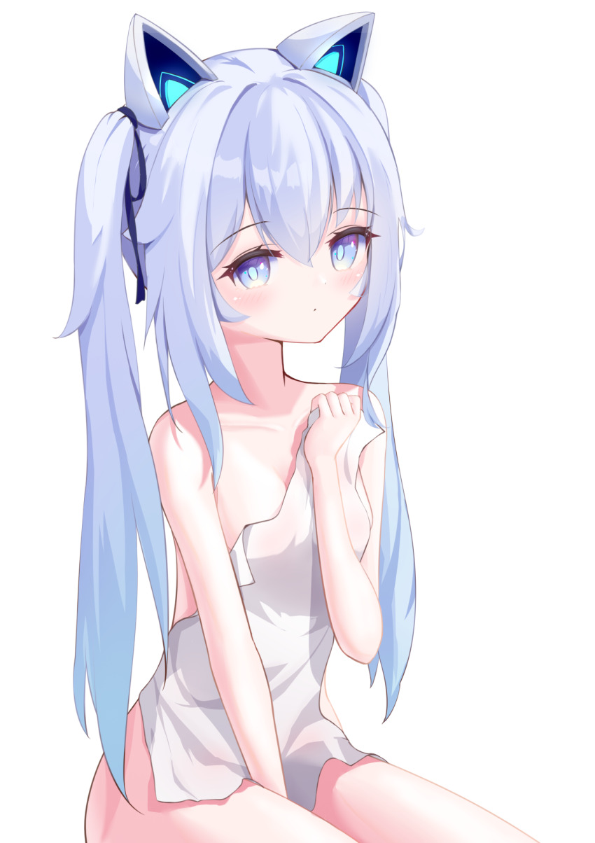 1girl, animal_ear_headphones, animal_ears, arm_between_legs, bare_shoulders, between_legs, black_ribbon, blue_eyes