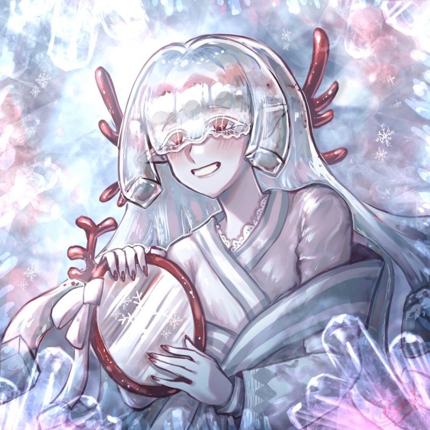 1girl, agar_agar_cookie, cookie_run, cookie_run:_kingdom, hime_cut, holding, holding_mirror, humanization, i_(taiyo_1710), long_hair, looking_at_viewer, mirror, nail_polish, open_mouth, personification, red_eyes, smile, solo, straight_hair, white_hair